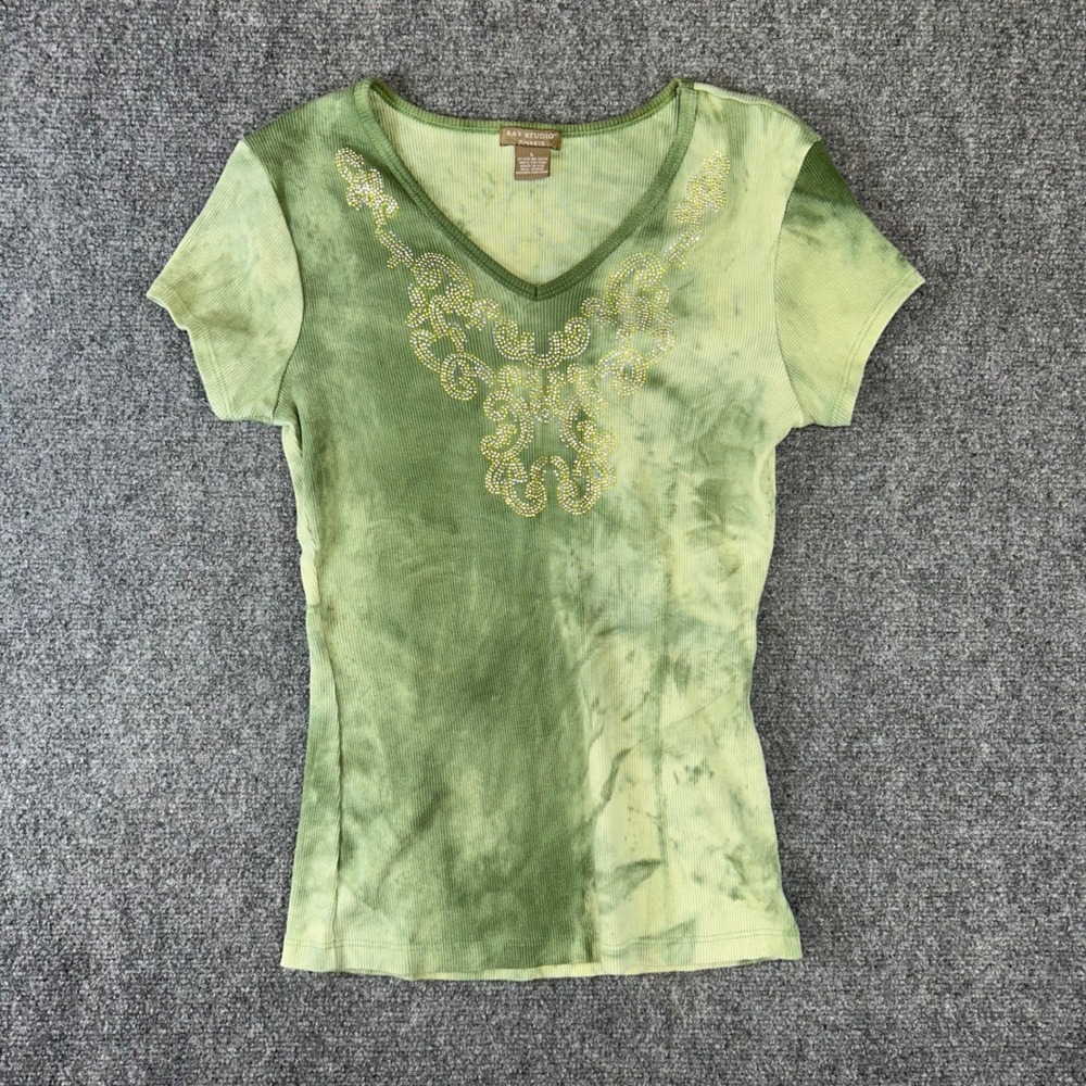 Bay Studio Khakis Green Tie Dye Rhinestone Ribbed V-Neck Top Large USA